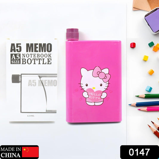 A5 size Flat Portable Notebook Shape Water Bottle With a Cartoon Character Design-Hello Kitty - For School Outdoors and Sports (1 Pc 420ML)